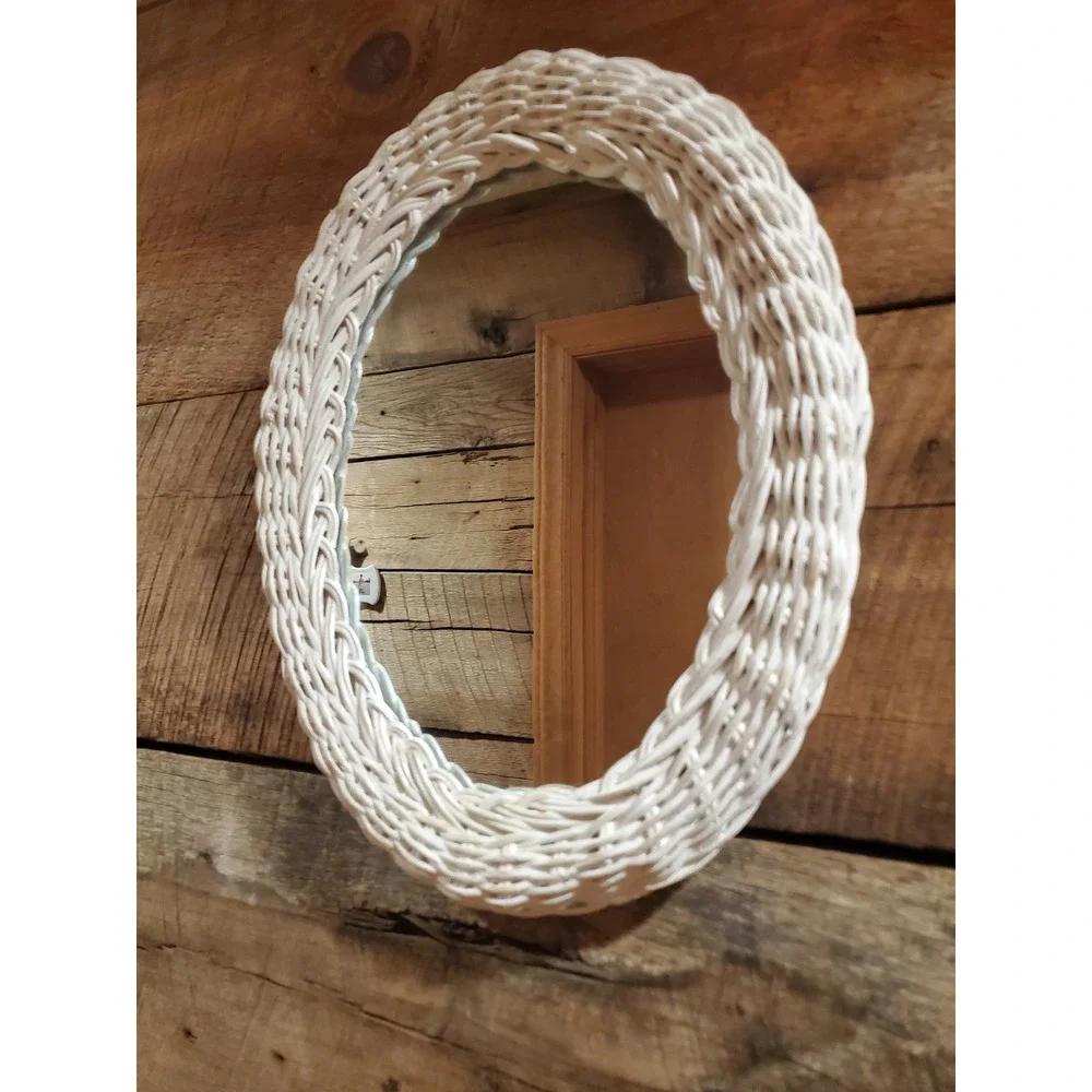 Vintage 1970s White Wicker Oval Wall Mirror 14